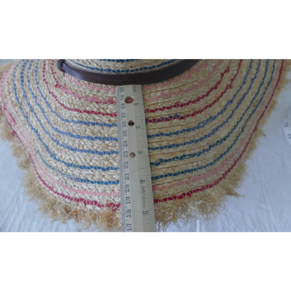 Kate Landry Wide Brim Straw Hat Summer Hat Colorful Thread Leather Chin Strap - Picture 5 of 8
